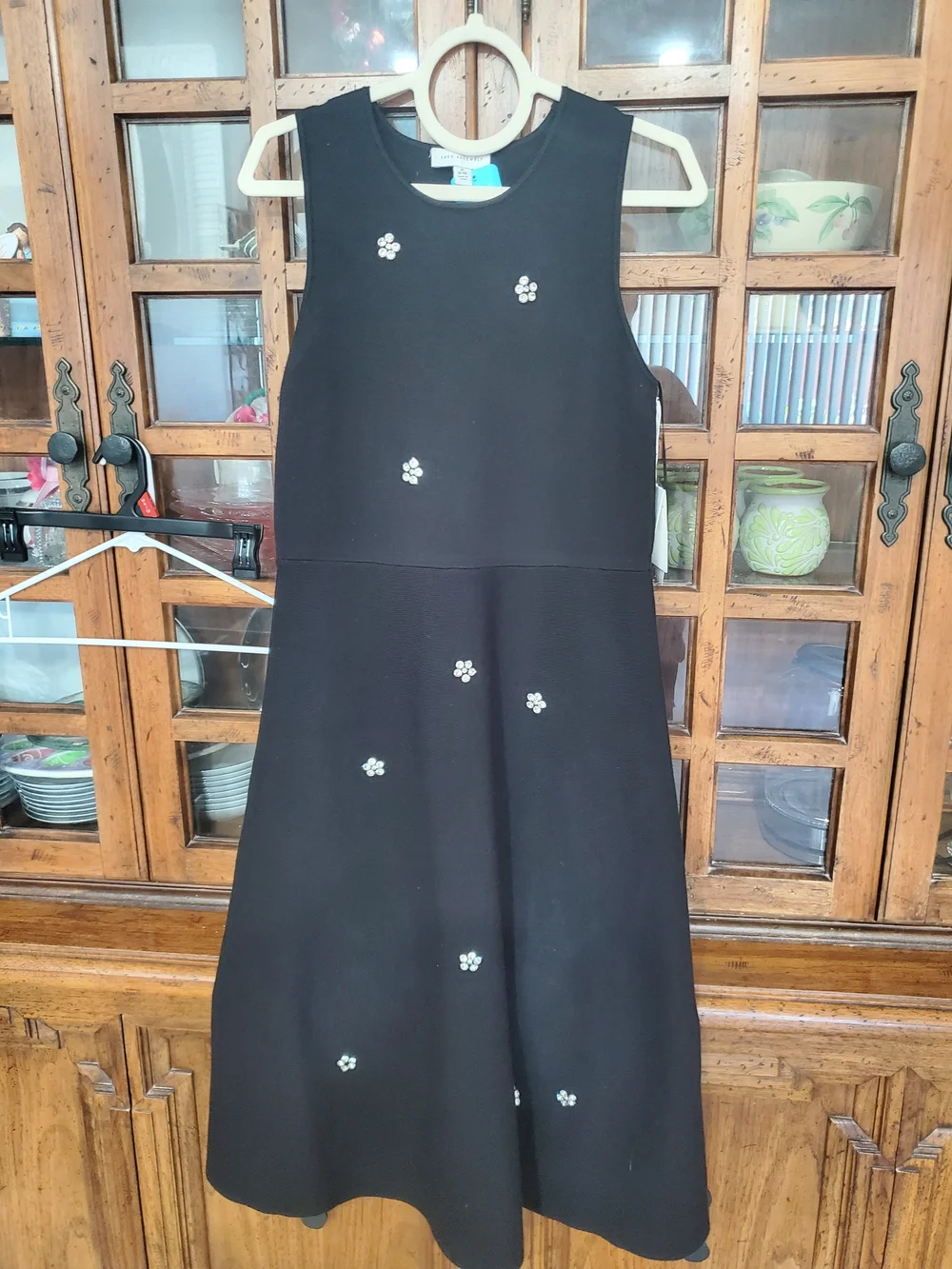 Black Midi Dress with Rhinestone Floral Accents Size Medium